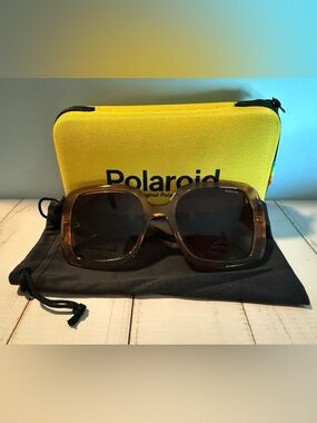 Polaroid Brown Translucent Oversized Square Sunglasses with Yellow Case
